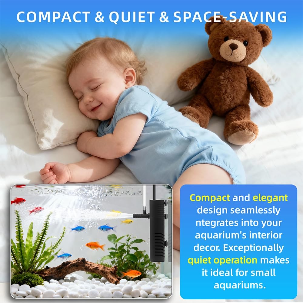 Submersible Aquarium Filter 53 GPH for 2-10 Gallon Tanks, Multi-Function Pump