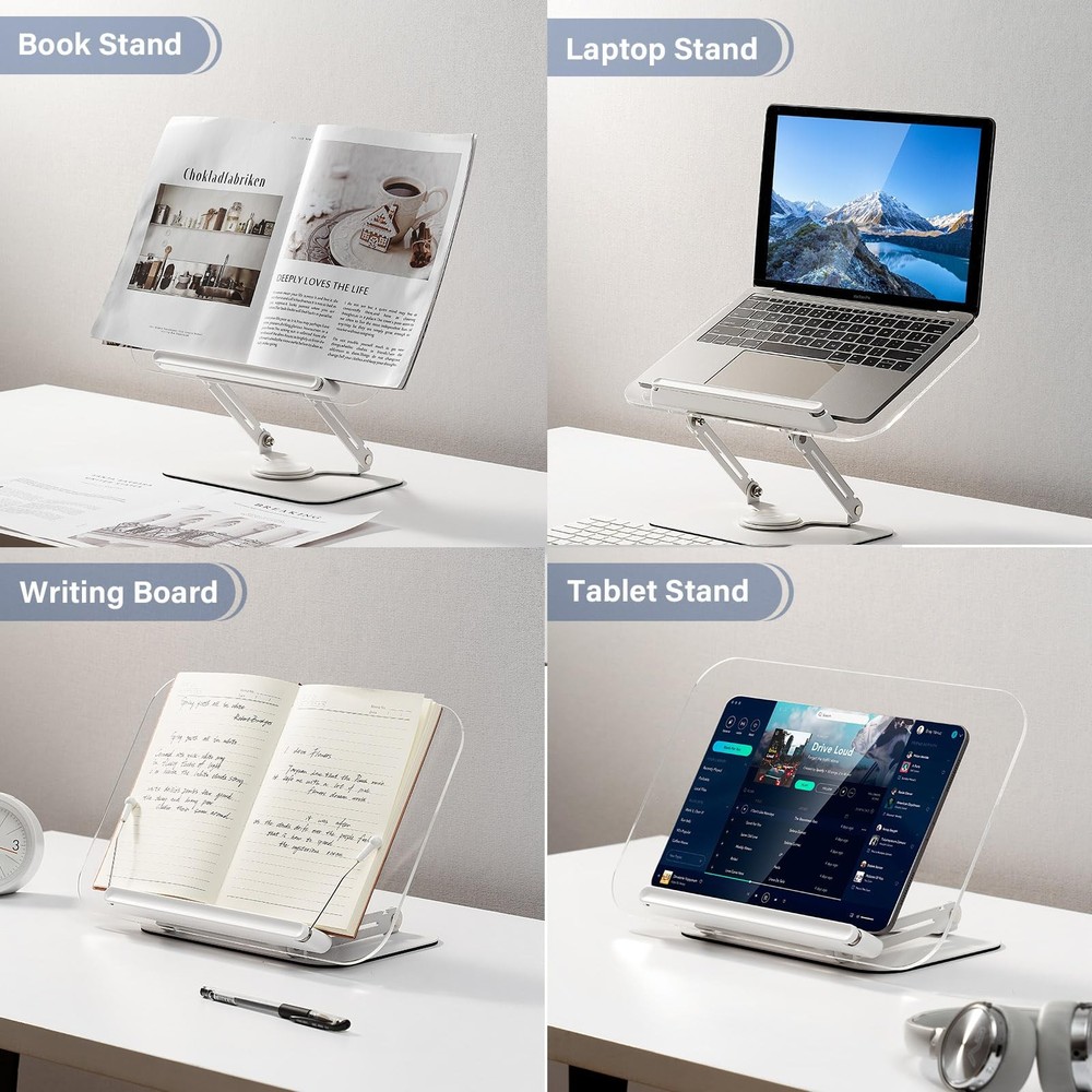 Acrylic Book Stand for Reading, Adjustable Book Holder with 360° Rotating Bas...