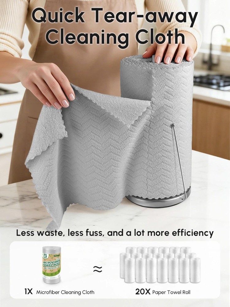 SOOWASH Microfiber Cleaning Cloths Roll, 75 Pack Tear 75 pack, Grey Ripple