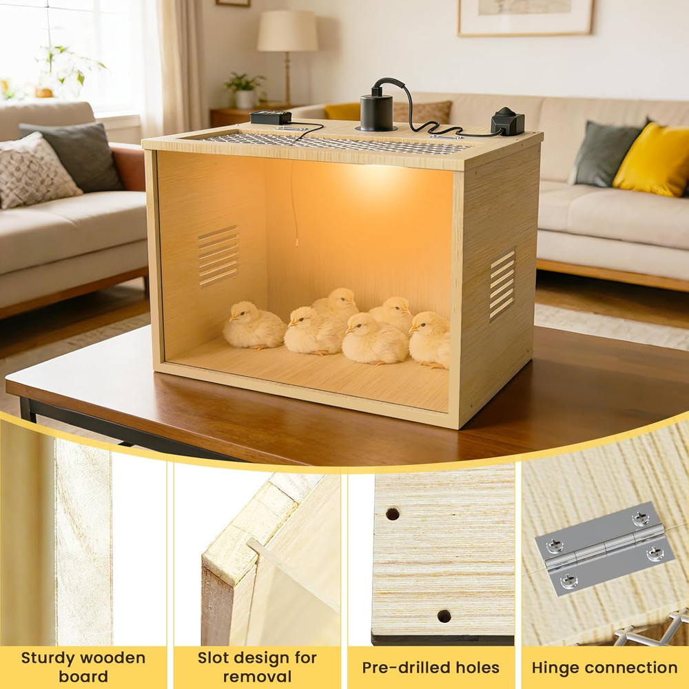 Brooder Box for Chicks, 16 Inch Wooden Chicken Brooder Box with 75W Heat Lamps,