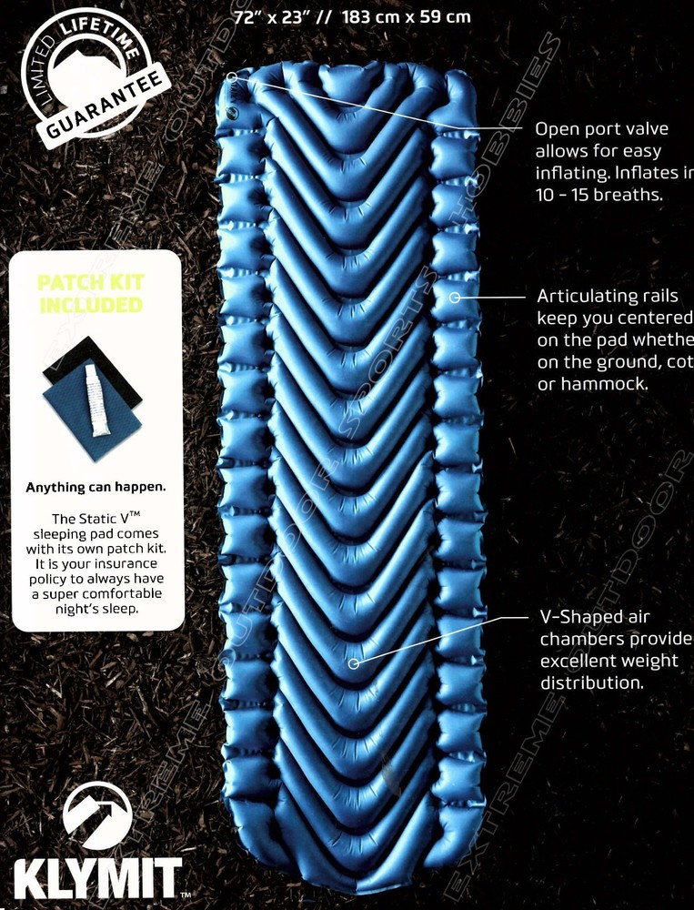 KLYMIT STATIC V LIGHTWEIGHT BACKPACKING INFLATABLE CAMP SLEEPING PAD - NAVY