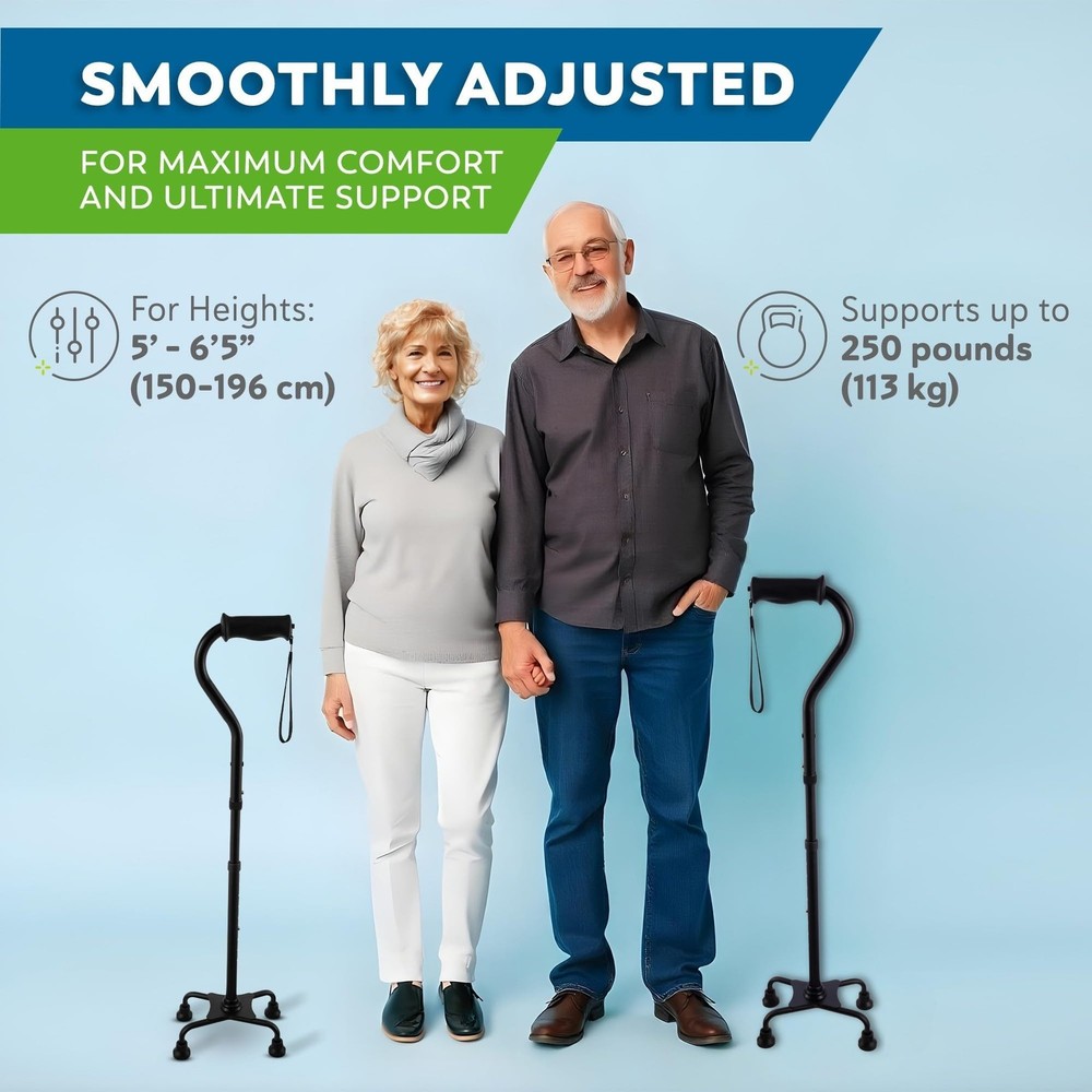 Walking Quad Cane Adjustable Lightweight Large 4 Pronged Base Balance