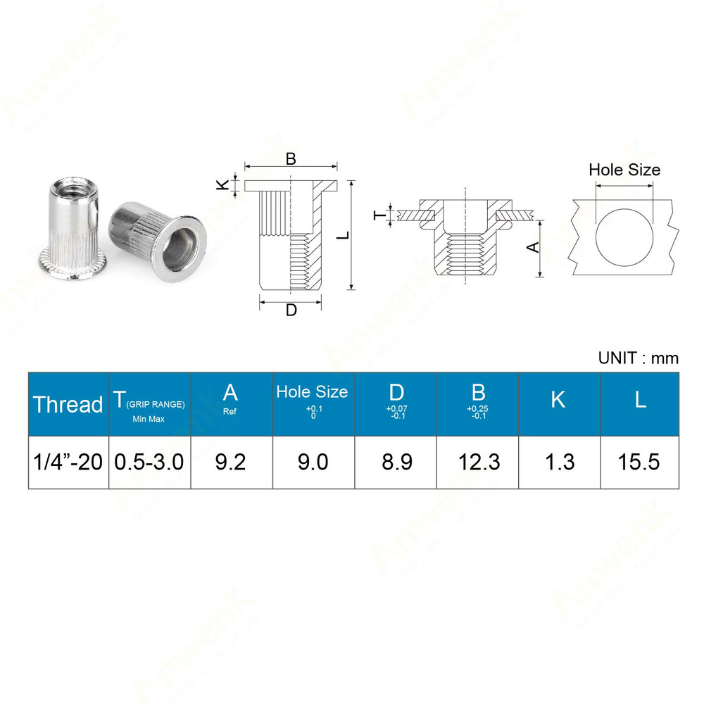 40Pcs 1/4”-20 Rivet Nuts Stainless Steel Threaded Insert Nut 1/4-20UNC Nutsert R