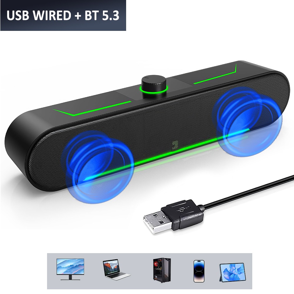 LED Computer Speaker Bluetooth Wired USB-Powered Sound bar for PC Desktop Laptop