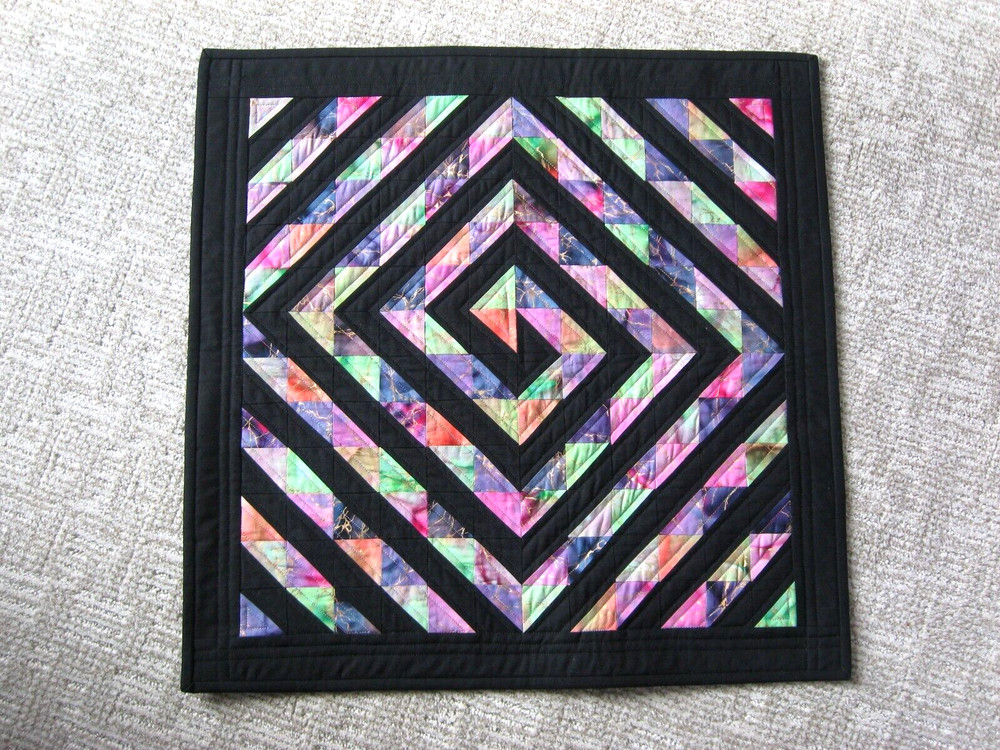 Handmade Quilted Table Topper Hand Dyed Fabric with Solid Black Spiral