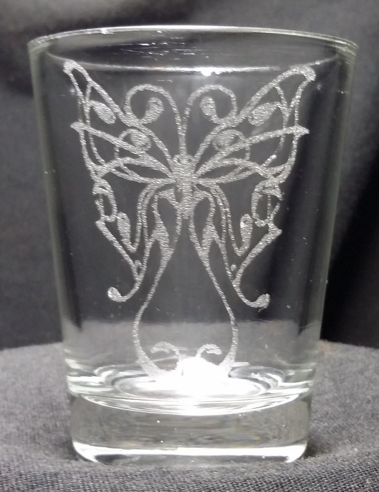 Butterfly etched shot glass. Can be personalized. Different designs available!!