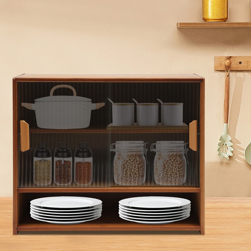 Small Bamboo Kitchen Pantry Sideboard with Sliding Doors and Ample Storage
