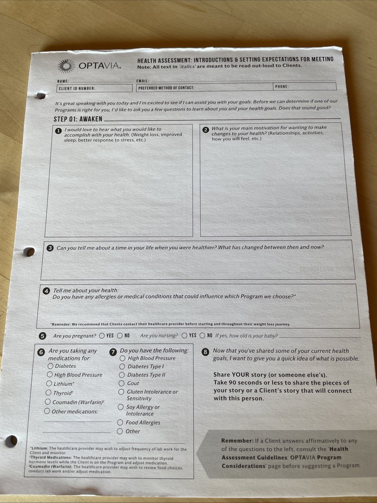 OptaVia Health Assessment Coaches Notepad