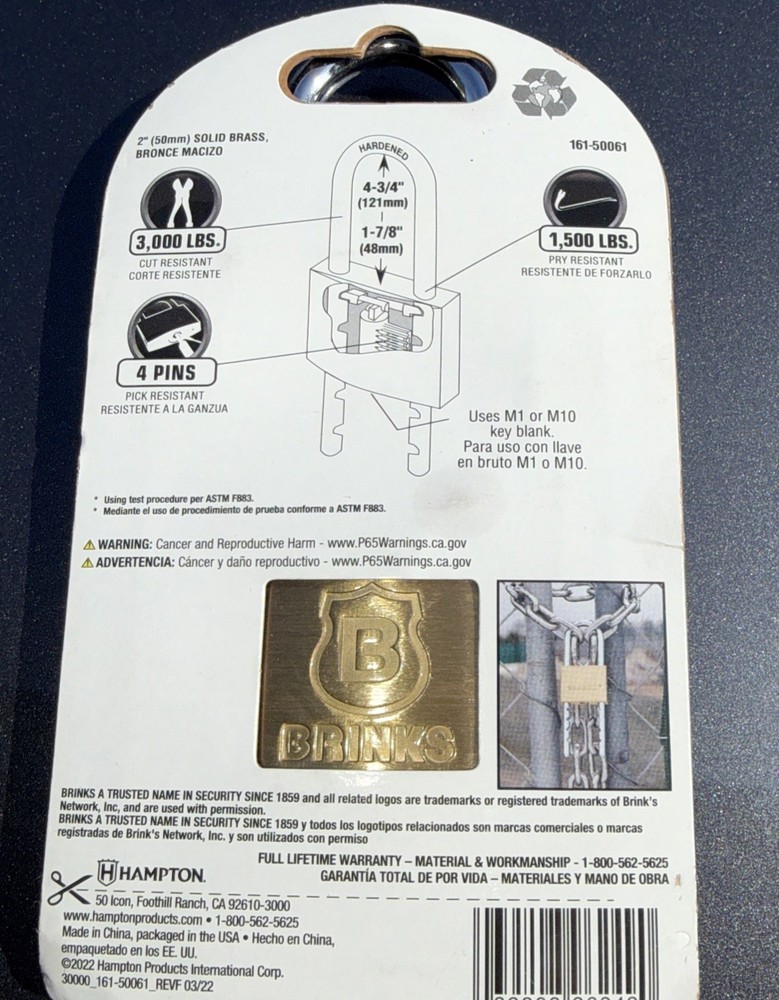 Brinks, Solid Brass 50mm Keyed Padlock with Adjustable Shackle