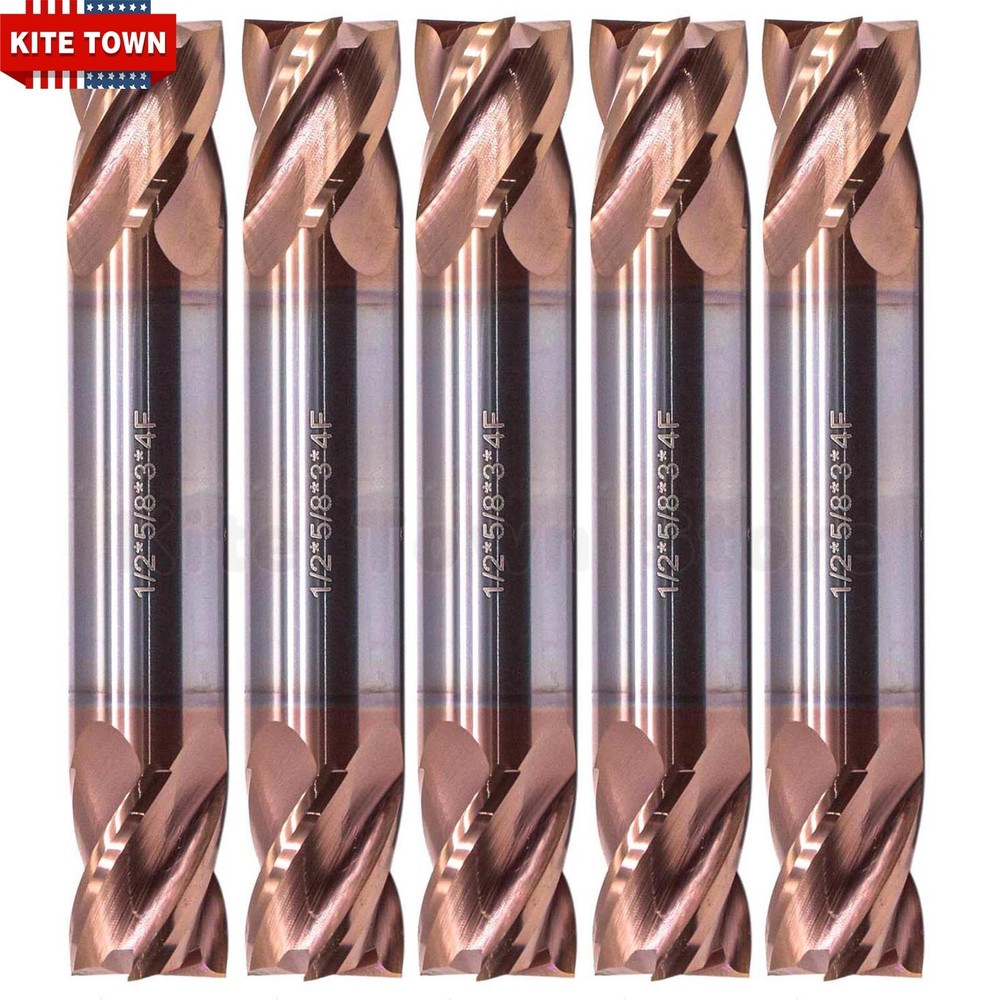 5Pcs 4 Flute 1/2" x 5/8" x 3" Double End Solid Carbide End Mills - TiSiN Coated