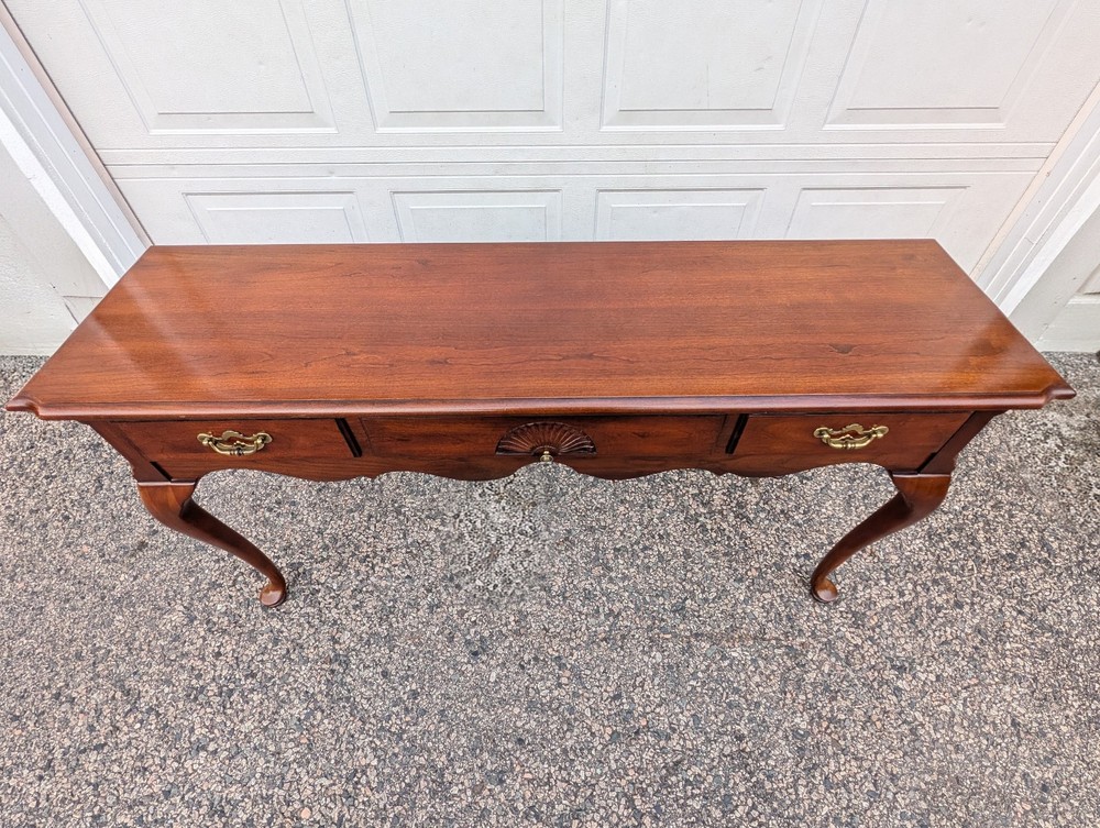 Vtg Thomasville Queen Anne Cherry Console Table, Brass Chippendale Pulls