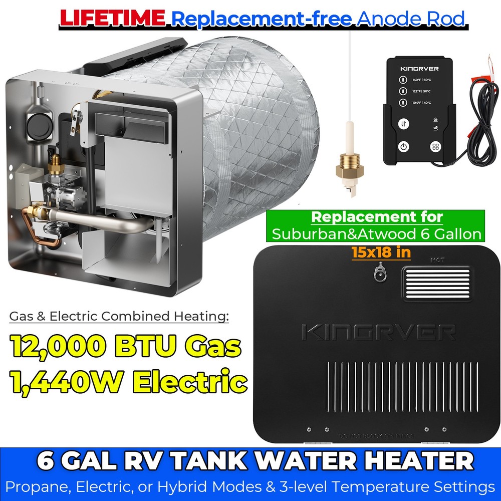 6 Gal RV Water Heater 12,000 BTU Gas 1440 W Electric or Hybrid w/ 15"x18" Door
