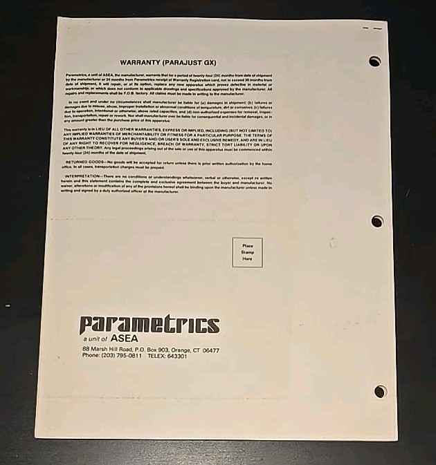 Parametrics Parajust GX IM6872 Installation Manual 1987 ASEA