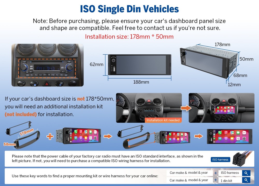 6.36" IPS Android Auto Single 1 DIN Car Stereo Head Unit Apple CarPlay AUX Input