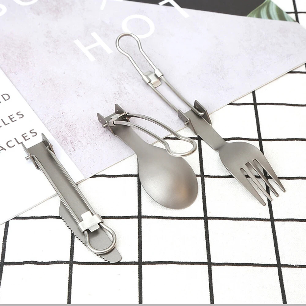 3PCS Titanium Folding Knife Fork Spoon Cooking Picnic Camping Supplies Tool