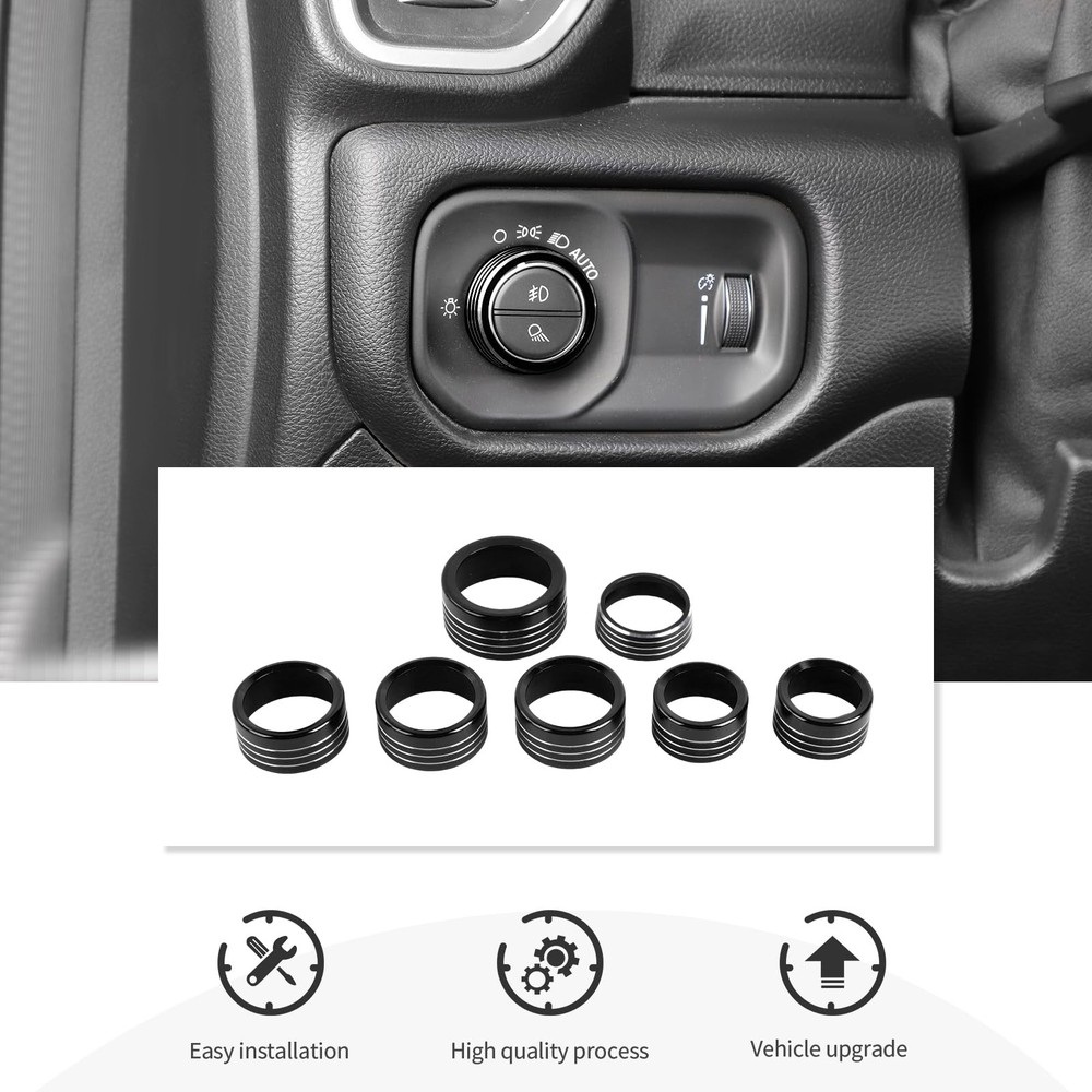 "Black AC Knobs & Switch Covers for 20182025 Dodge RAM Aluminum Trim"