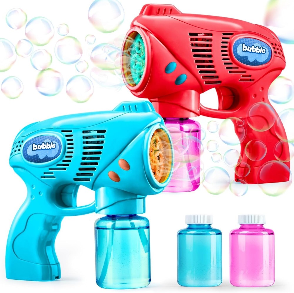 Kids Bubble Guns Set - 2 Blasters with 10 oz Safe Bubble Solution & Batteries