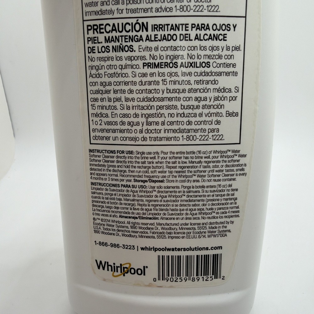 Whirlpool 287317 Water Softener Cleanser WHE-WSC 16 oz, New.