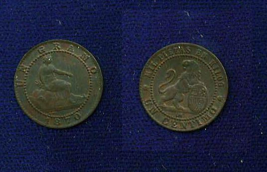 SPAIN 1870-OM  1 CENTIMO COIN,  JUST ABOUT UNCIRCULATED