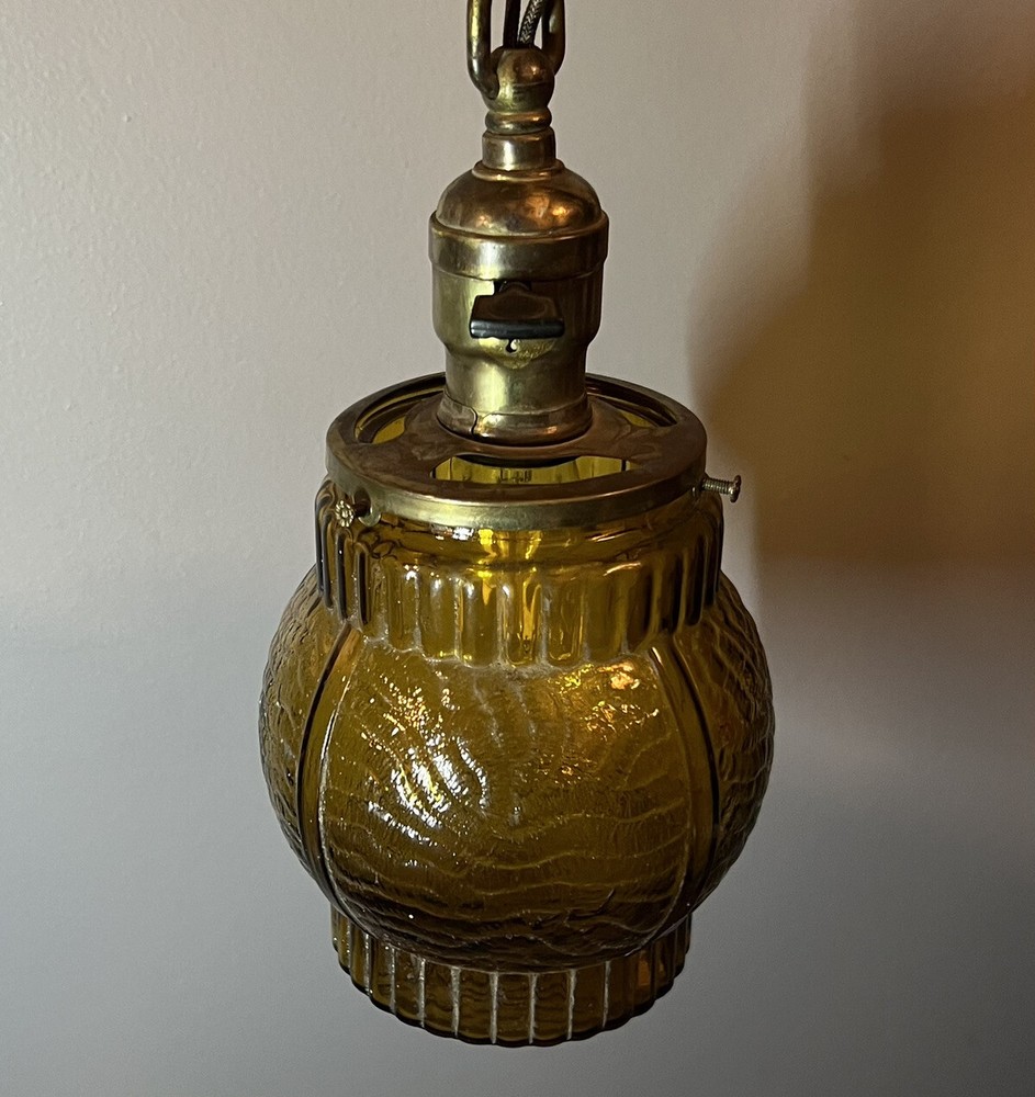 Wired Single Brass Pendant Light Fixture With Amber Globe 8F