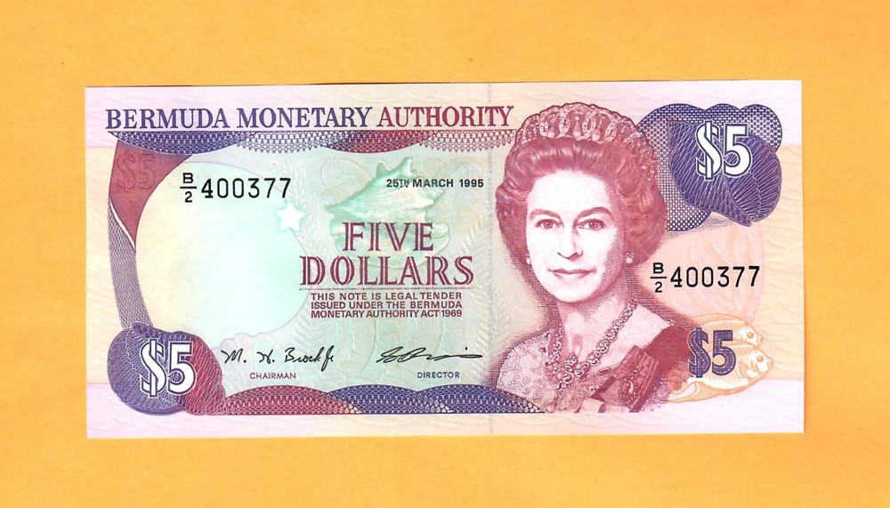 BERMUDA-5 DOLLARS-1995-PICK 41b-SERIAL NUMBER 400377, UNC .