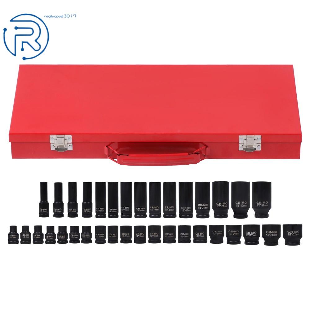 35pcs 1/2" Inch Deep Impact Socket Set Drive 8-32mm Metric With Case 6 Point