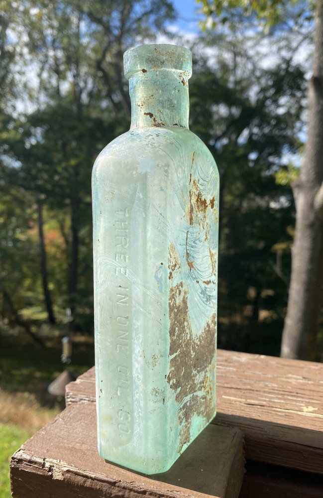 Three In One Oil Co, Blown Aqua Bottle