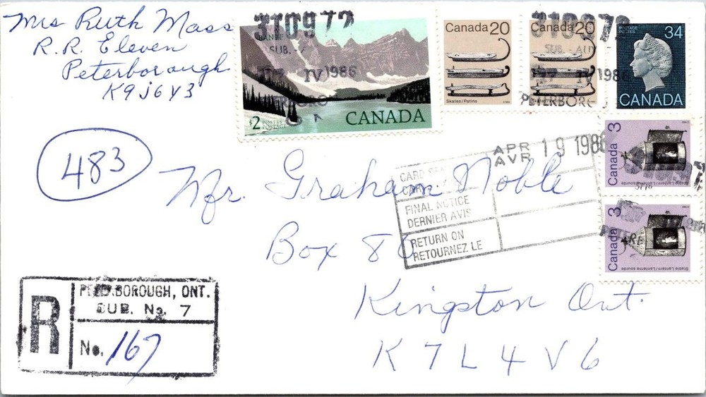 Canada 1988 Registered Mail - Peterborough Ont - A02399