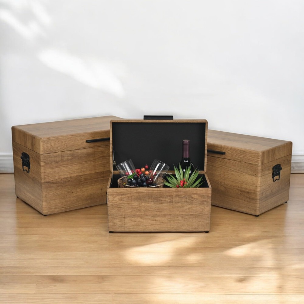 Cheungs Sable Brown Rectangle Wood Trunks Black Handles Set 3
