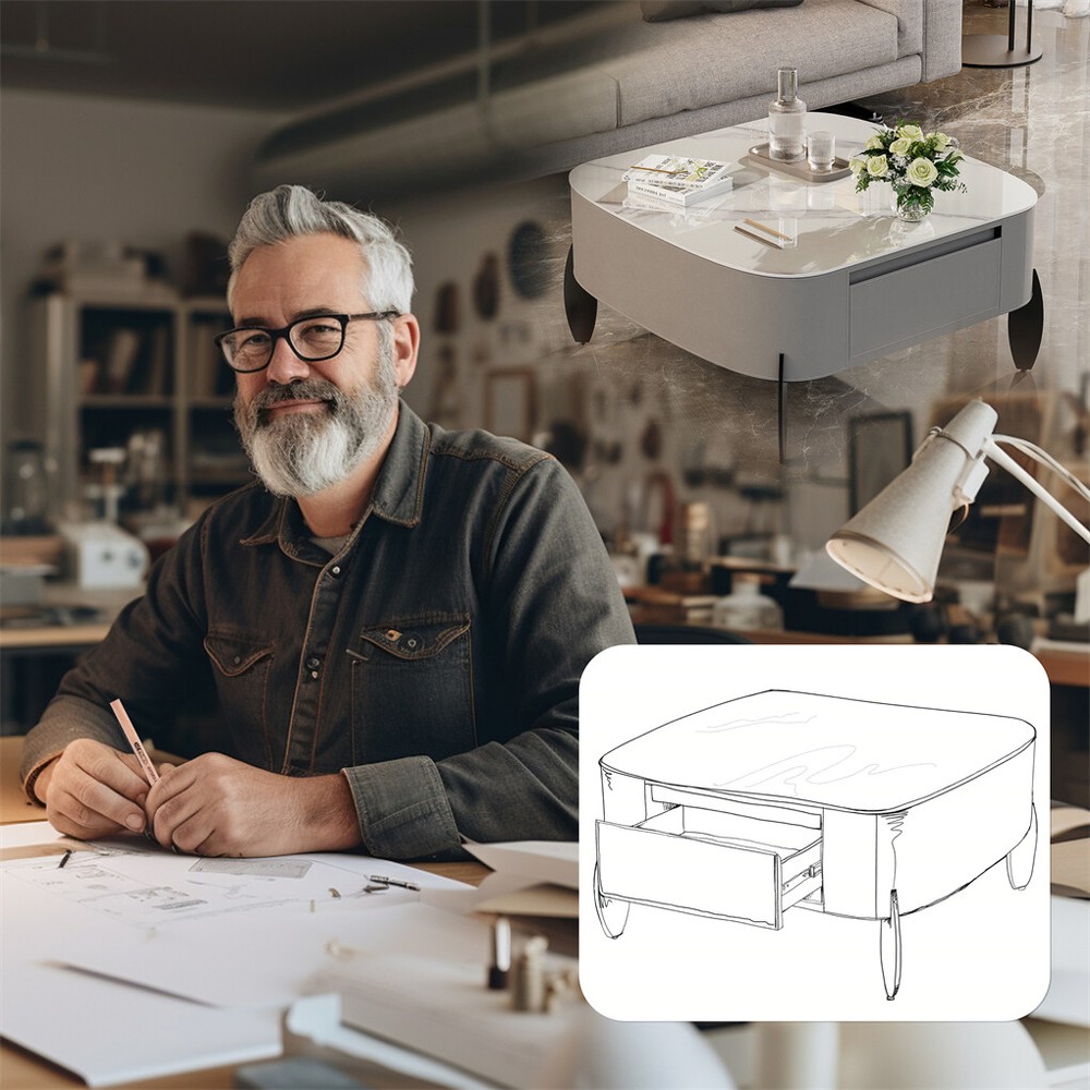 Square Marble Coffee Table Microfiber Saddle Leather Center Table with 2 Drawers