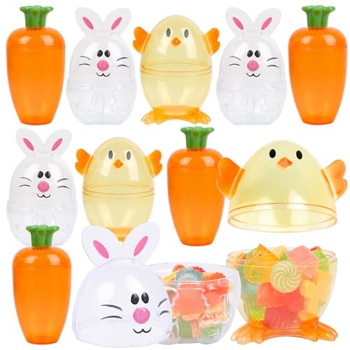 FOIMAS 12pcs Fillable Easter Egg Containers Carrots Bunnies Chicks Shaped