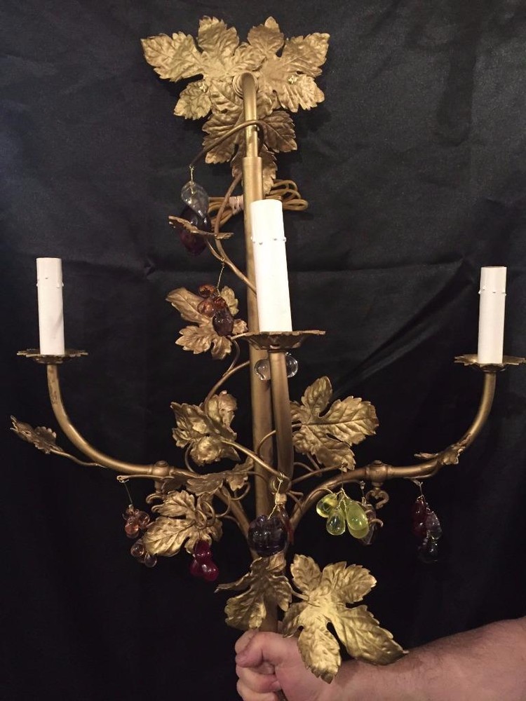 FRENCH ANTIQUE SOLID BRASS GRAPE LEAVE SCONCE WITH MULTI COLOR FRUIT CRYSTALS