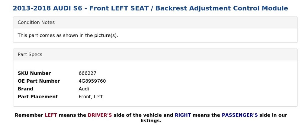 2013-2018 AUDI S6 - Front LEFT SEAT / Backrest Adjustment Control Module