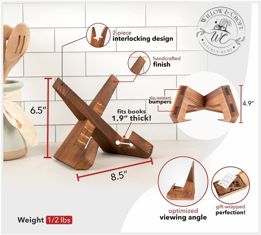 Collapsible X-Design Cookbook Stand - Lightweight Rustic Kitchen Display