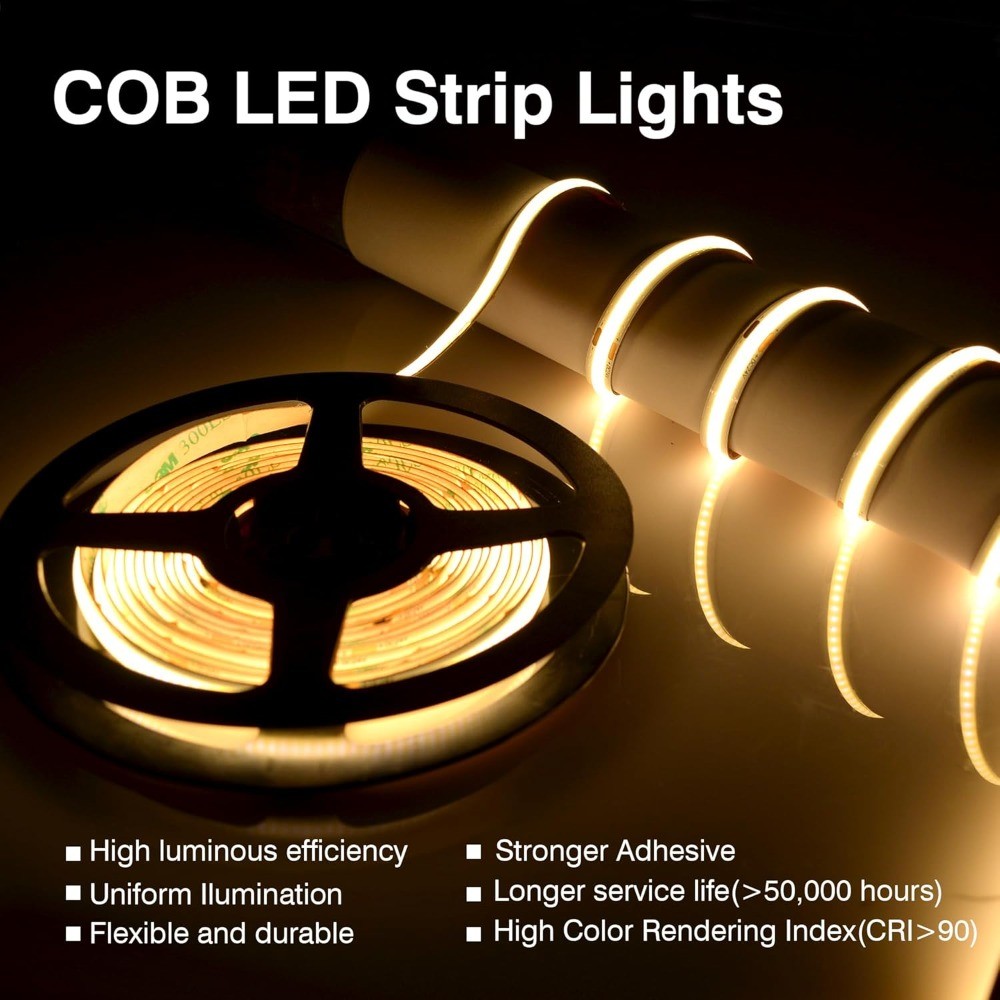 COB LED Strip Lights 65ft, 6000K Cool White, 24V Dimmable, App & Remote Control