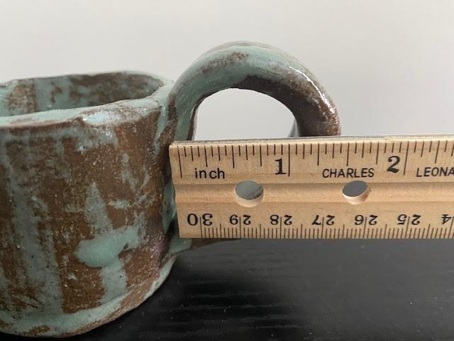 Pottery Handmade Candle Holder Handheld with Handle Rustic Blue Brown Small