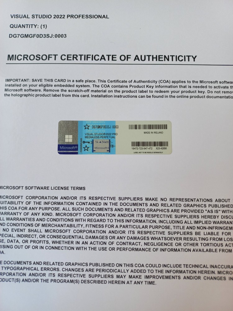 Microsoft Visual Studio 2022 Professional CoA AUTHENTIC License DG7GMGF0D3SJ