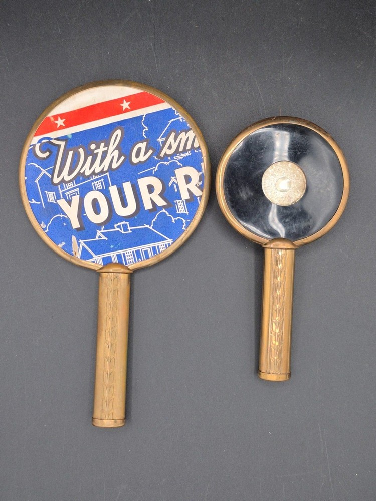 Vintage 2 Pc Brass Handled Vanity Set, Brush & Hand Mirror