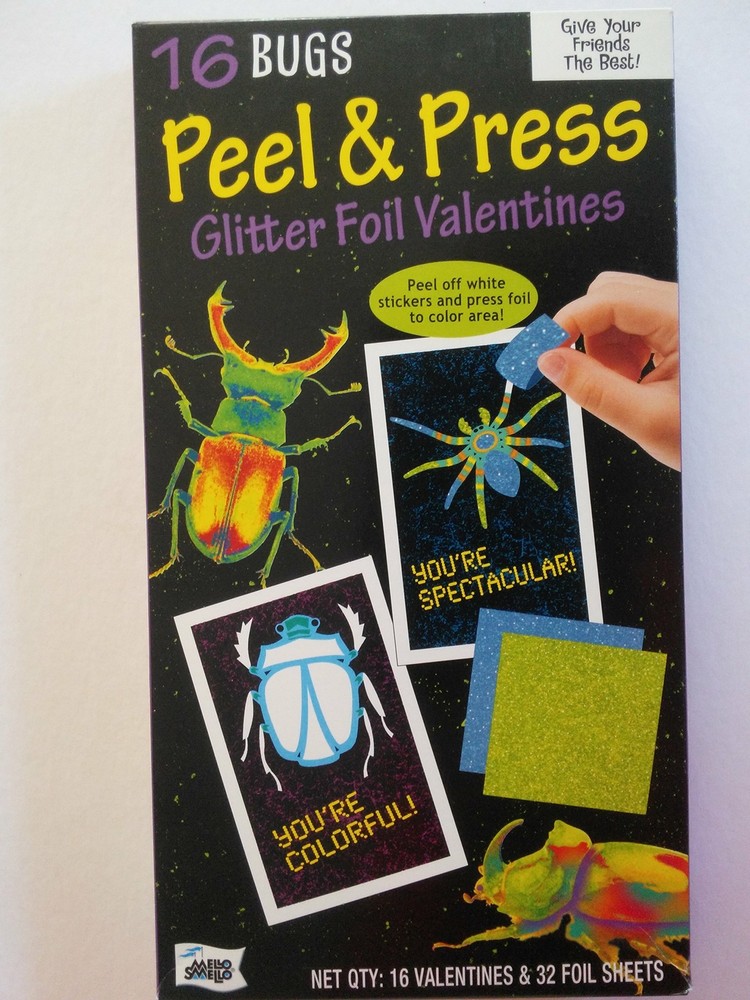 16 Bugs Peel and Press Glitter Foil Valentines