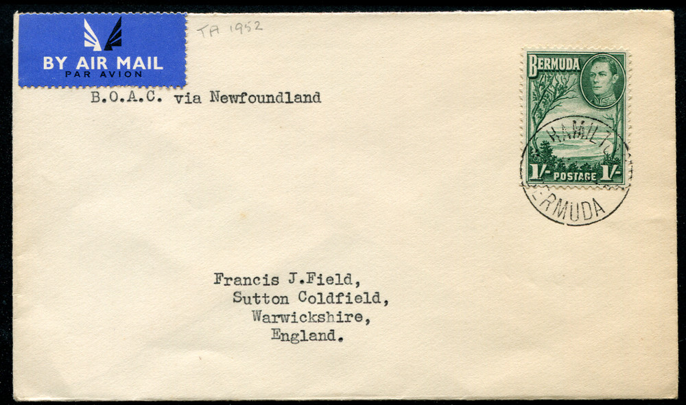 BERMUDA (23608): FIRST FLIGHT COVER/cancel 1952