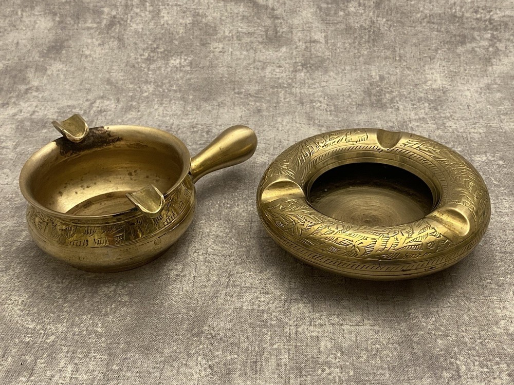 2- Vintage Brass Ashtrays Etched Designs Classy!