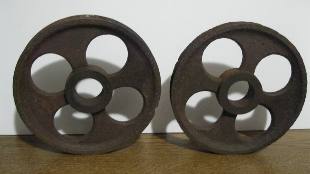 Two Vintage Crusty Rusty 6" Cast Iron Pulleys Wheels Steampunk Assemblage Art