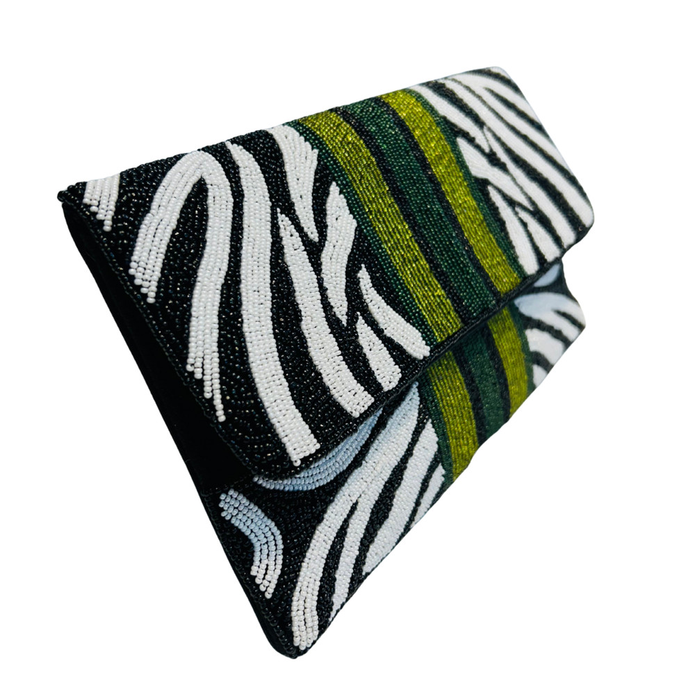 Hand-Beaded Zebra Pattern Evening Bag Clutch for Weddings