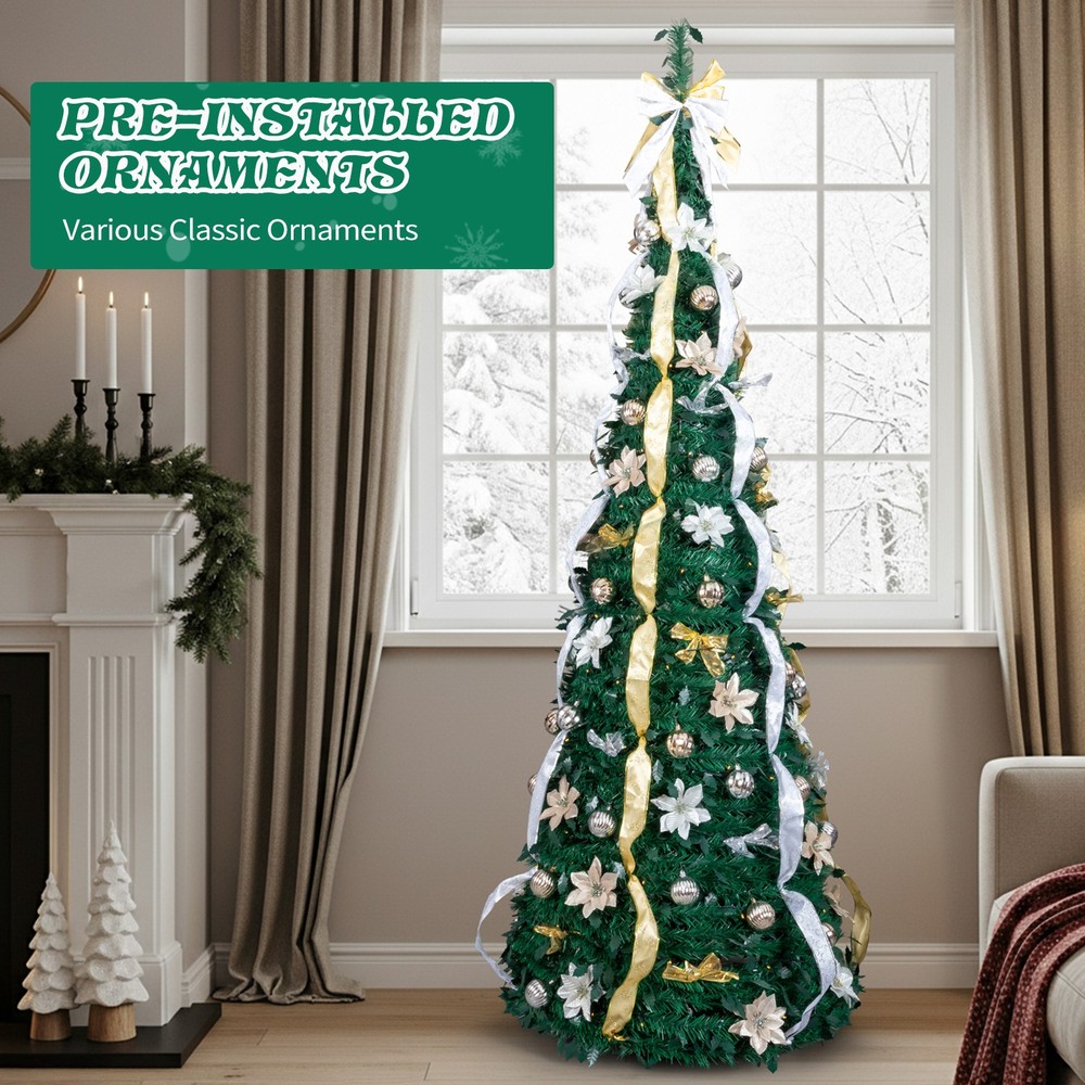 7FT Fully Decorated Pre-lit Christmas Tree, Pop Up Artificial Xmas Tree w/ Light