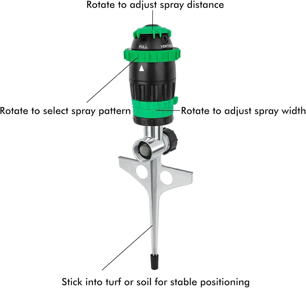 Multi-Adjustable Lawn Sprinkle with Metal Spike Base, 5-Pattern Watering System