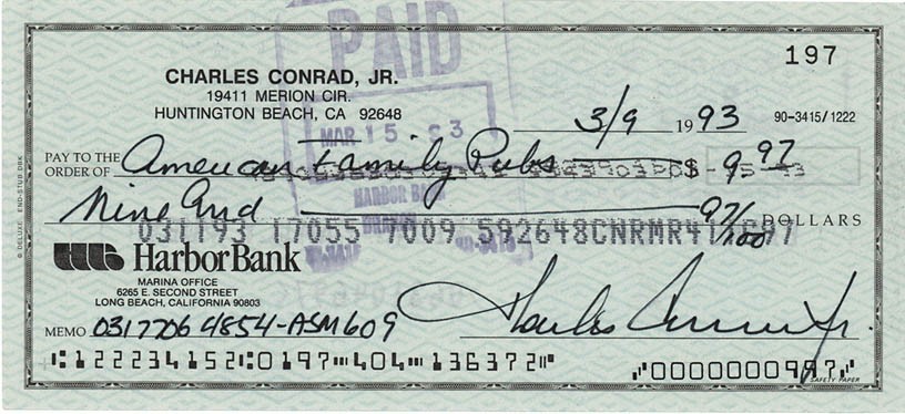 APOLLO 12 MOONWALKER CHARLES CONRAD SIGNED PERSONAL CHECK #197