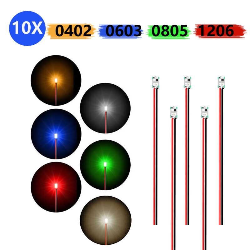 10X Wired Micro LED Pre-Soldered 0402,0603, 0805,1206   Copper Wire Lights
