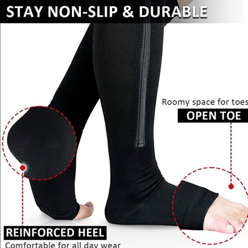 Zippered Compression Socks Open Toe Knee High Circulation Easy On/Off