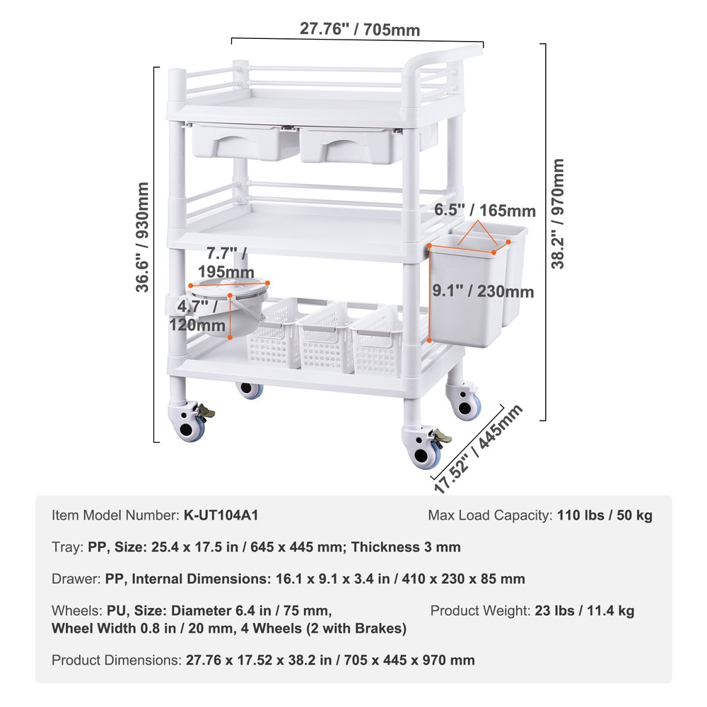 Rolling Lab Cart with 3 Trays & Trash Cans, Mobile Storage Trolley