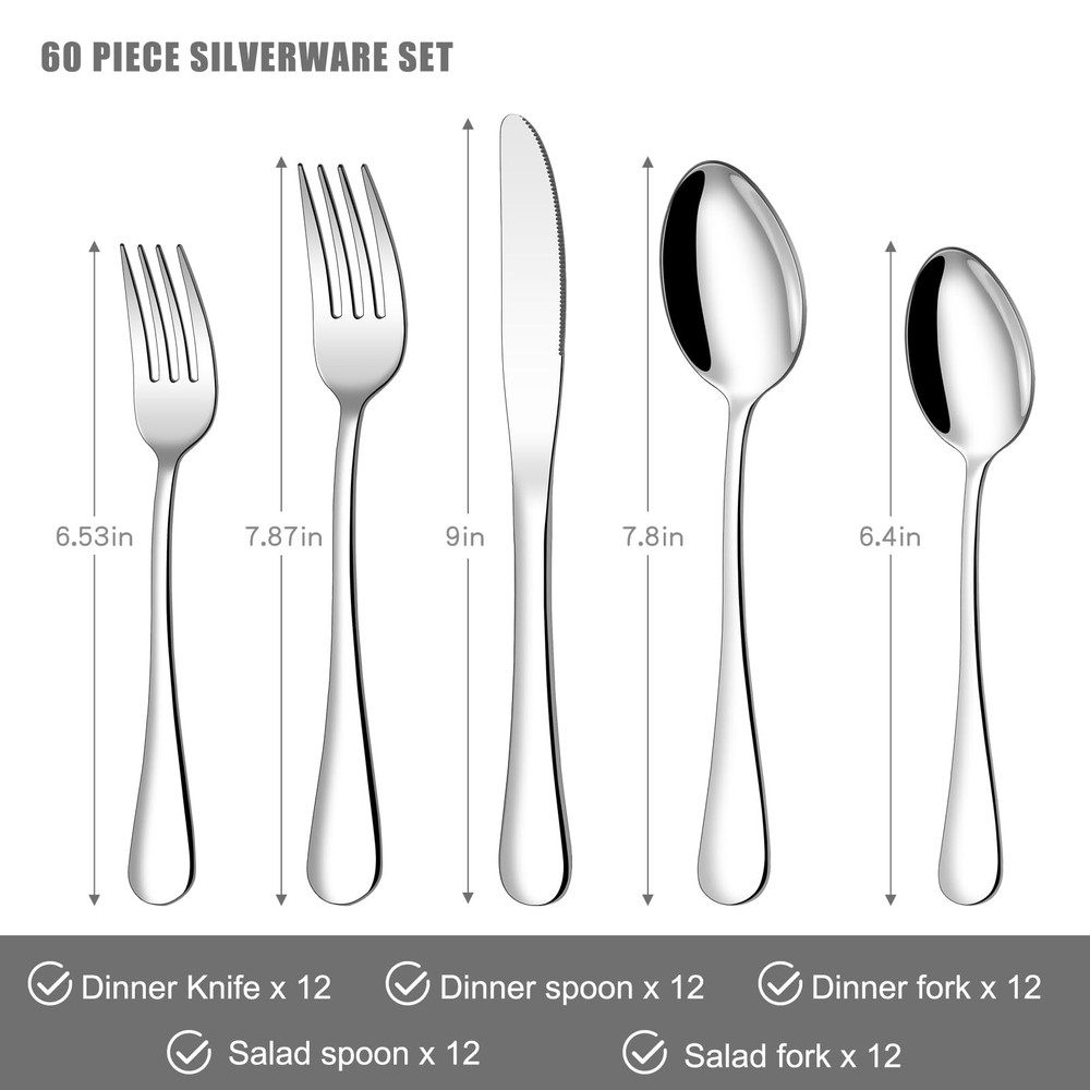 60 Piece Silverware Set for 12, Stainless Steel Flatware Set Tableware Set In...